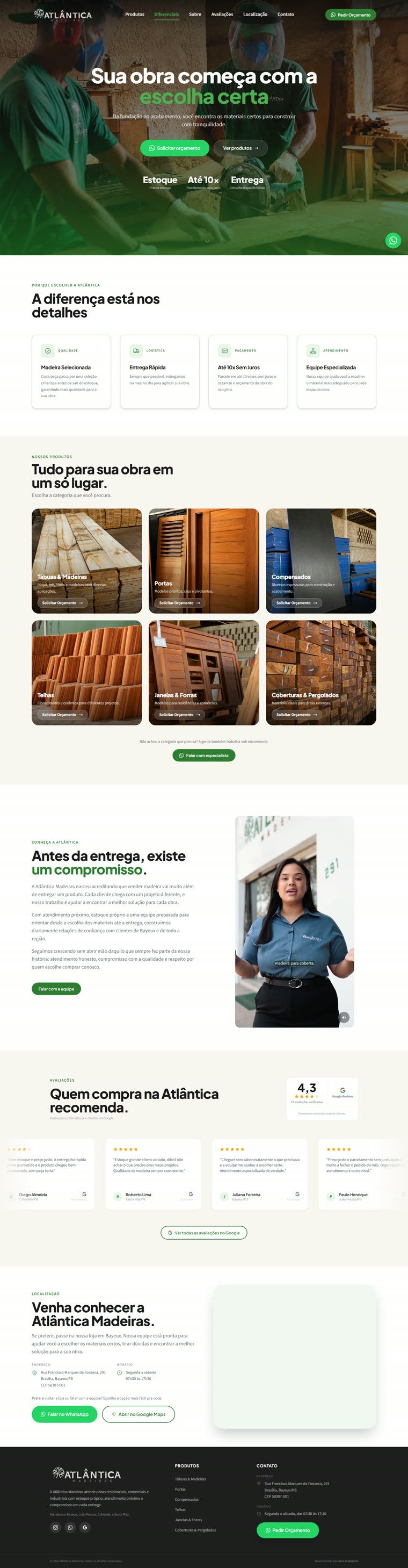 Site real da Atlântica Madeiras, do hero ao rodapé, percorrido automaticamente