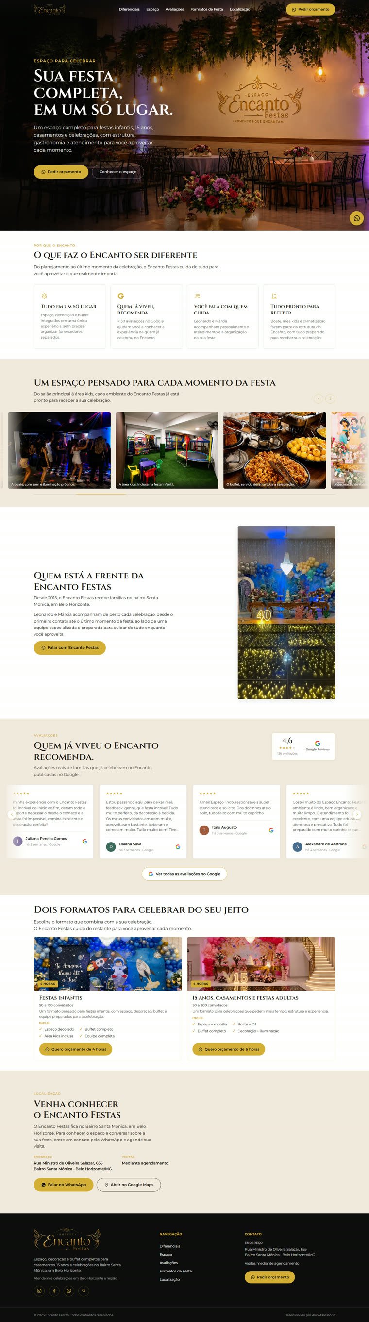 Site real do Espaço Encanto Festas, do hero ao rodapé, percorrido automaticamente
