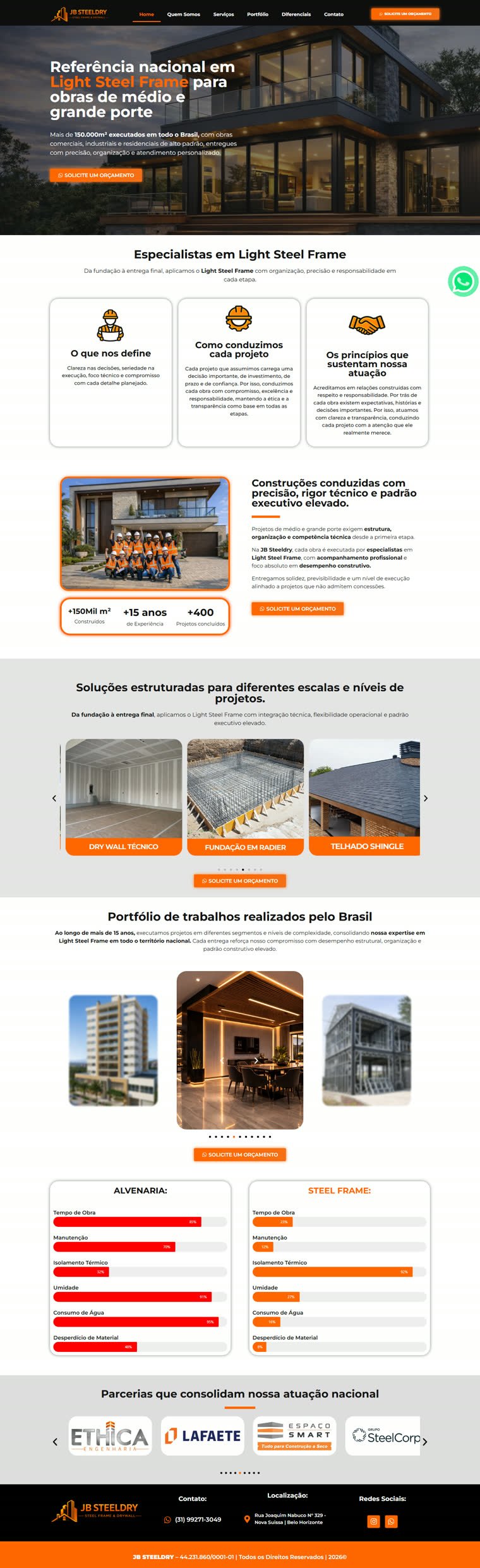 Site real da JB Steeldry, do hero ao rodapé, percorrido automaticamente